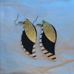 Leather Gold and Black Leaf Earrings